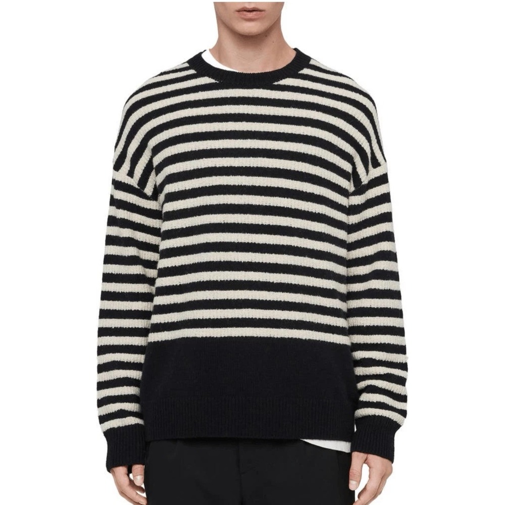 AllSaints Keet Crew Striped Oversized Knit Sweater Black White Large MK011R